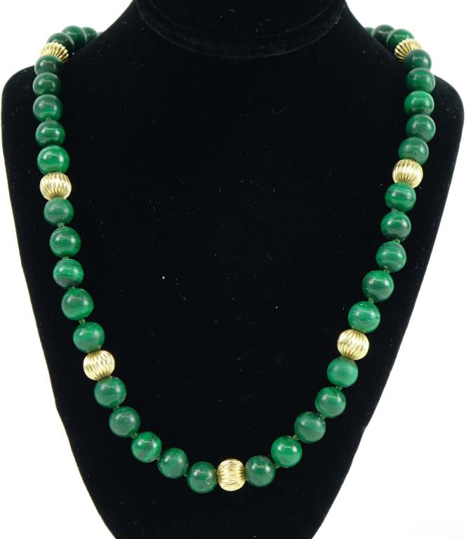 14k Gold and Malachite Necklace: 25" 8 mm malachite beads.