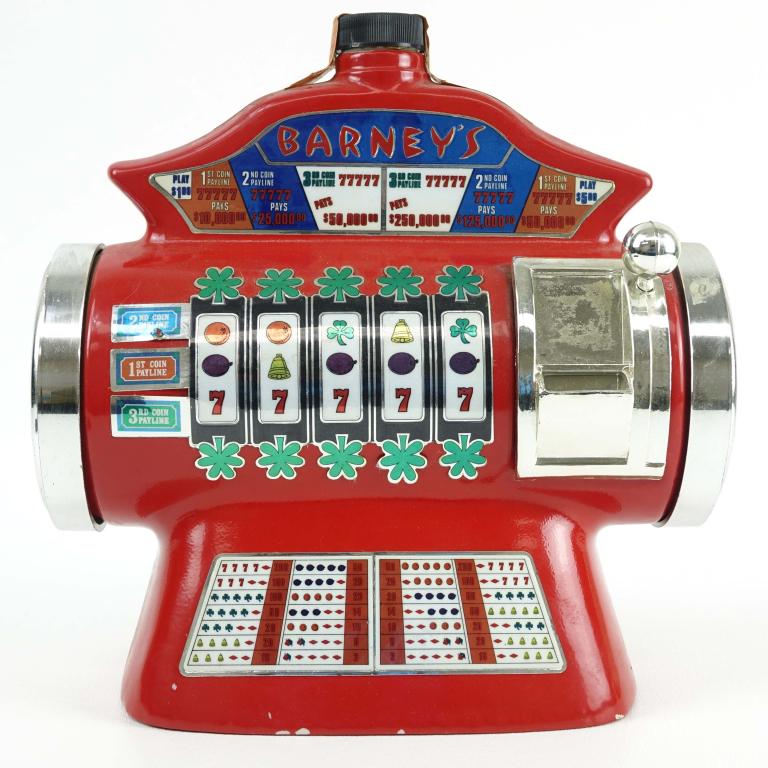 1978 Beam Barney's Casino Slot Machine Decanter: *** IF YOU MAY NEED SHIPPING YOU MUST SPEAK WITH IAN BEFORE BIDDING ON BOTTLES 847-625-0555 *** 1978 Beam Barney's Casino Slot Machine Decanter: 80 proof, 1.75 L and sealed.