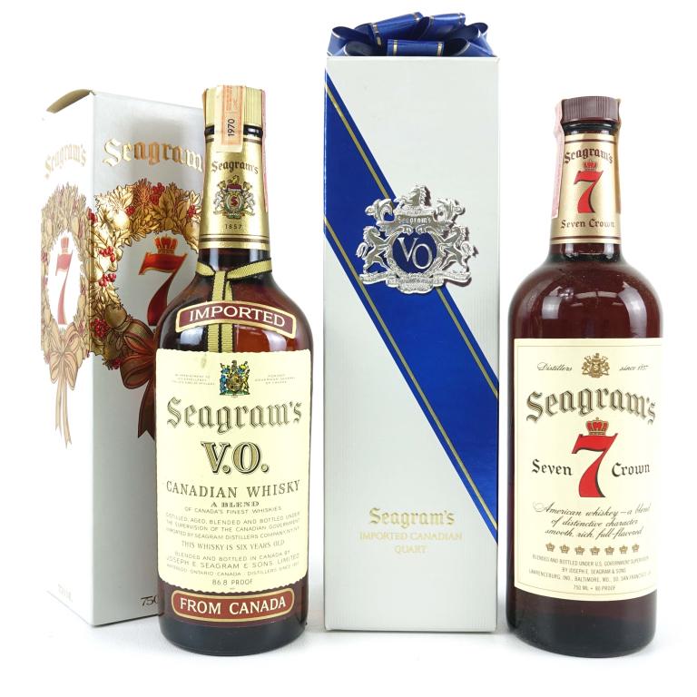Seagrams Bottles (3): *** IF YOU MAY NEED SHIPPING YOU MUST SPEAK WITH IAN BEFORE BIDDING ON BOTTLES 847-625-0555 *** Seagrams Bottles (3): 1970 Seagrams V.O. Canadian Whiskey: 86.8 proof, 4/5qt and sealed. Seagrams 7 Crow