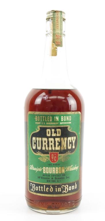 1941 Old Currency BiB Bourbon Bottle: *** IF YOU MAY NEED SHIPPING YOU MUST SPEAK WITH IAN BEFORE BIDDING ON BOTTLES 847-625-0555 *** 1941 Old Currency Bottled in Bond Bourbon Bottle: 100 proof, 1 qt and sealed. Barrel- 1937 Spring; Bottl