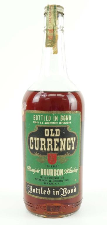 Old Currency BiB Bourbon Bottle: *** IF YOU MAY NEED SHIPPING YOU MUST SPEAK WITH IAN BEFORE BIDDING ON BOTTLES 847-625-0555 *** 1941 Old Currency BiB Bourbon Bottle: 100 proof, 1 qt and sealed. Barrel- 1937 Spring; Bottle 1941 Sprin