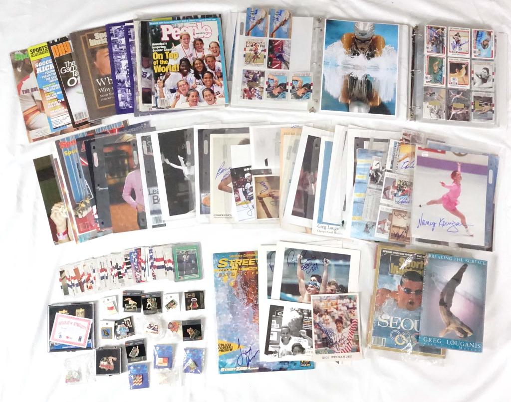 Olympics Lot - Autographs, Mementos: Includes: Binder of photos from recent Olympics; 2004 Olympics Hall of Fame program and ticket. Autographs: Spitz, Jansen, Lee, Lougallis, Jenner, Kerrigan, Eruzione (2002 torch lighting), Joyner-Kers