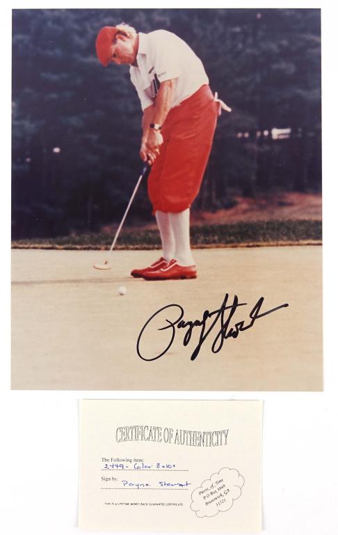 Payne Stewart Signed Photo: 8x10 color photo. *** Lot 14 makes the following guarantee: If either Professional Sports Authenticator (PSA) or Beckett Global, or James Spence Authentication (JSA) reviews this autograph that you pu