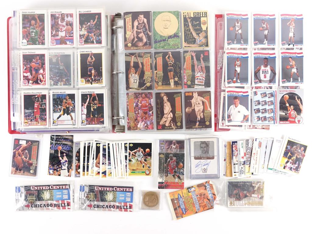 Basketball Cards + Smalls Lot: United Center First Year Pins, Cleveland Cavaliers National bronze medallion, Partial 91-92 card set, Northwestern cards + ephemera, Upper Deck epic signatures: Tim Hardaway, George Gervin, Bob Cousy;