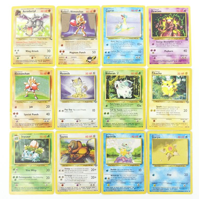Pokemon Cards (Base Set, Holo & Promo) (12): (12) Pokemon Cards (Base Set & Holo). Includes Rocket's Hitmonchan (11/132), Hitmonchan (7/102), Aerodactyl (1/62), Lapras (10/62), Mewtwo (14) (Promo), Meowth (56/64), Pikachu (60/64), Nidoran (57/64