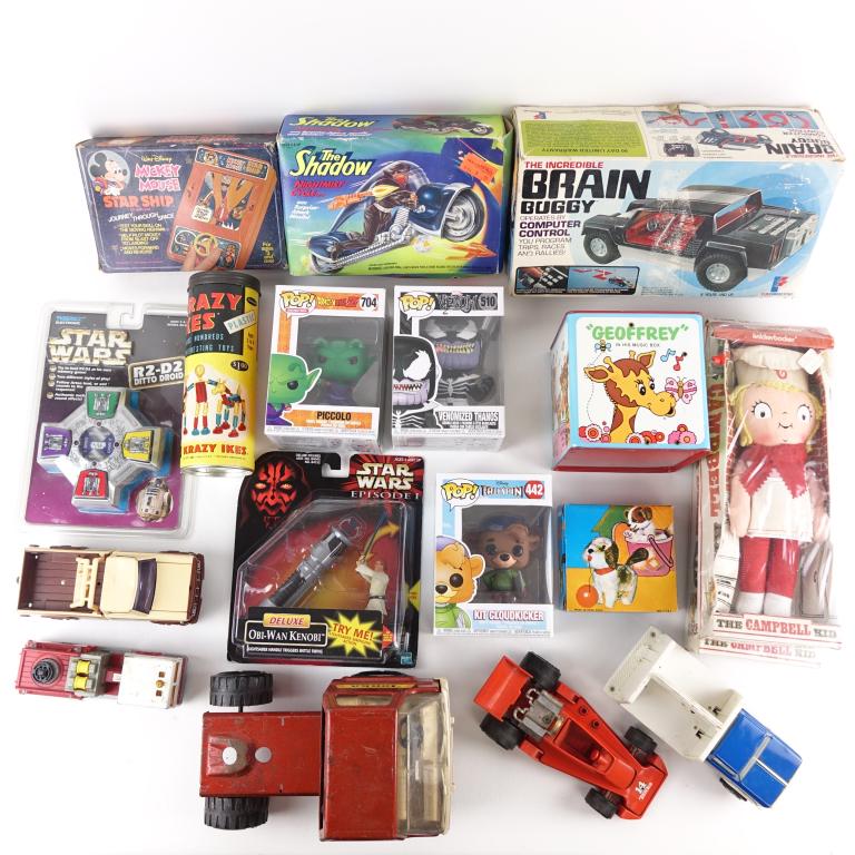 Toy Lot - Star Wars, Funko Pops & More: Tonka & Buddy L (5 vehicles). Star Wars - 2 items including R2D2 Ditto Droid, OBi-Won Kenobi deluxe light saber handle. Funko Pops (3). Geoffrey/Toys R Us Jack in the Box. Campbell Soup Kids Knickerbo