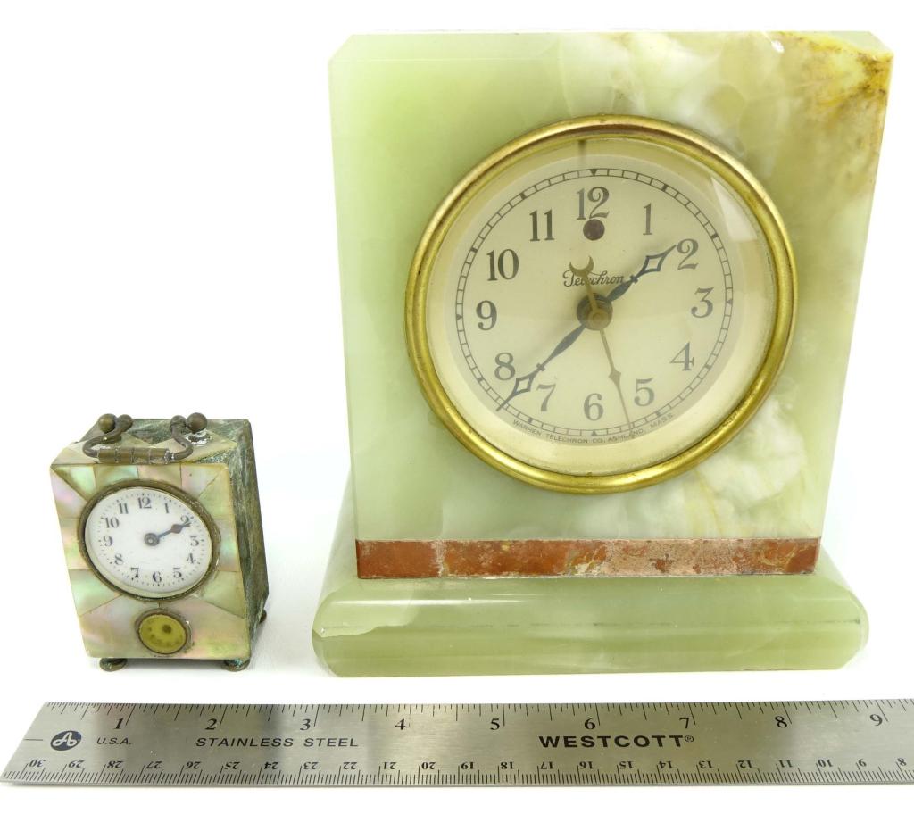 2 Antique Clocks: Wecker D.R.P & G.M. carriage clock, early twentieth century, damaged: missing shell tile coverings; Warren Telechron art deco green desk clock, no. 369643A, made in Ashland, Mass. USA.