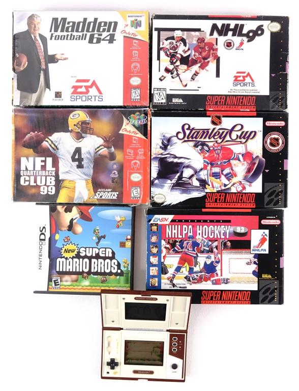 Video Game Lot / Super Nintendo: NHL Stanley Cup, NHLPA '93, NFL Quarterback Club 99 (N64), NHL 96 + Madden Football 64 (Super Nintendo), New Super Mario Bros. (Nintendo DS), Donkey Kong II game and watch (missing battery cover).