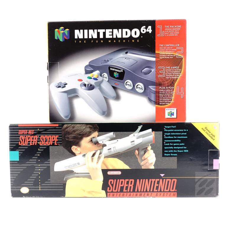 SNES Super Scope Gun & Nintendo 64 Box (Empty): SNES Super Scope Gun & Nintendo 64 Box (Empty). The SNES Super Scope is considerably rare especially with it's original box and packaging. The Original N64 box is EMPTY but still has the original styr