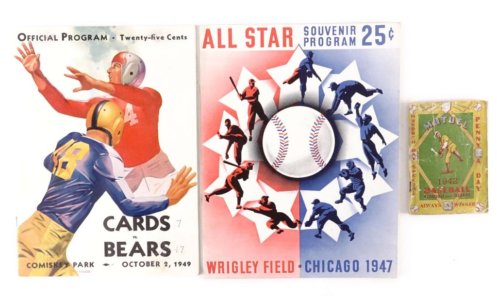 Baseball Ephemera: 1972 Mutual Baseball, schedule and records booklet. All Star Souvenir program, Chicago, 1947. Cardinals vs. Bears, 1949 program.