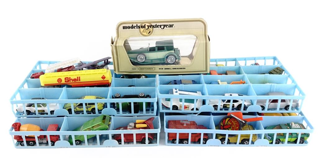 Die Cast Cars: Includes: Matchbox, Hot Wheels, Superfast, Corgi Juniors (some appear to have missing parts and/or chipped paint), Yat Ming, Play Art and Models of Yesterday: Y-4 1930 Model J Duesenberg.