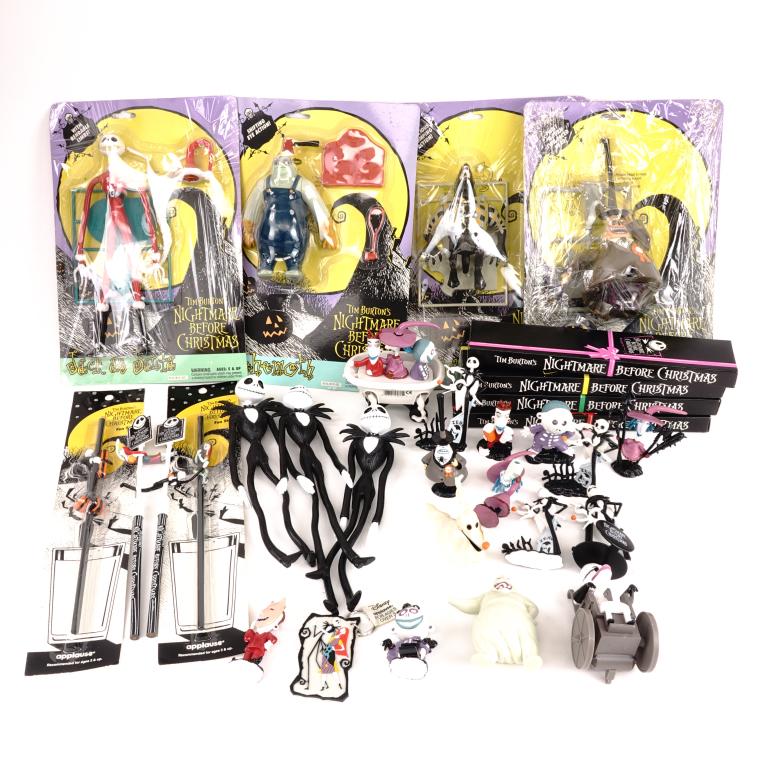 Nightmare Before Christmas Merchandise: Watch sets (4): pumpkins, Christmas Town, Halloween Town, Bats and Cats. Packaged Figurines (large/medium size) (4): The Major, Werewolf, Behemoth, Jack as Santa. Jack and Sally Fun Straws (2). Bendab