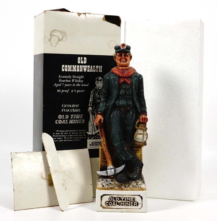 1976 Old Commonwealth Coal Miner Decanter: *** IF YOU MAY NEED SHIPPING YOU MUST SPEAK WITH IAN BEFORE BIDDING ON BOTTLES. 847-625-0555 *** 1976 Old Commonwealth Coal Miner Decanter: 86 proof, 4/5 qt. Decanter and contents weight: 3lb., 7.6oz.