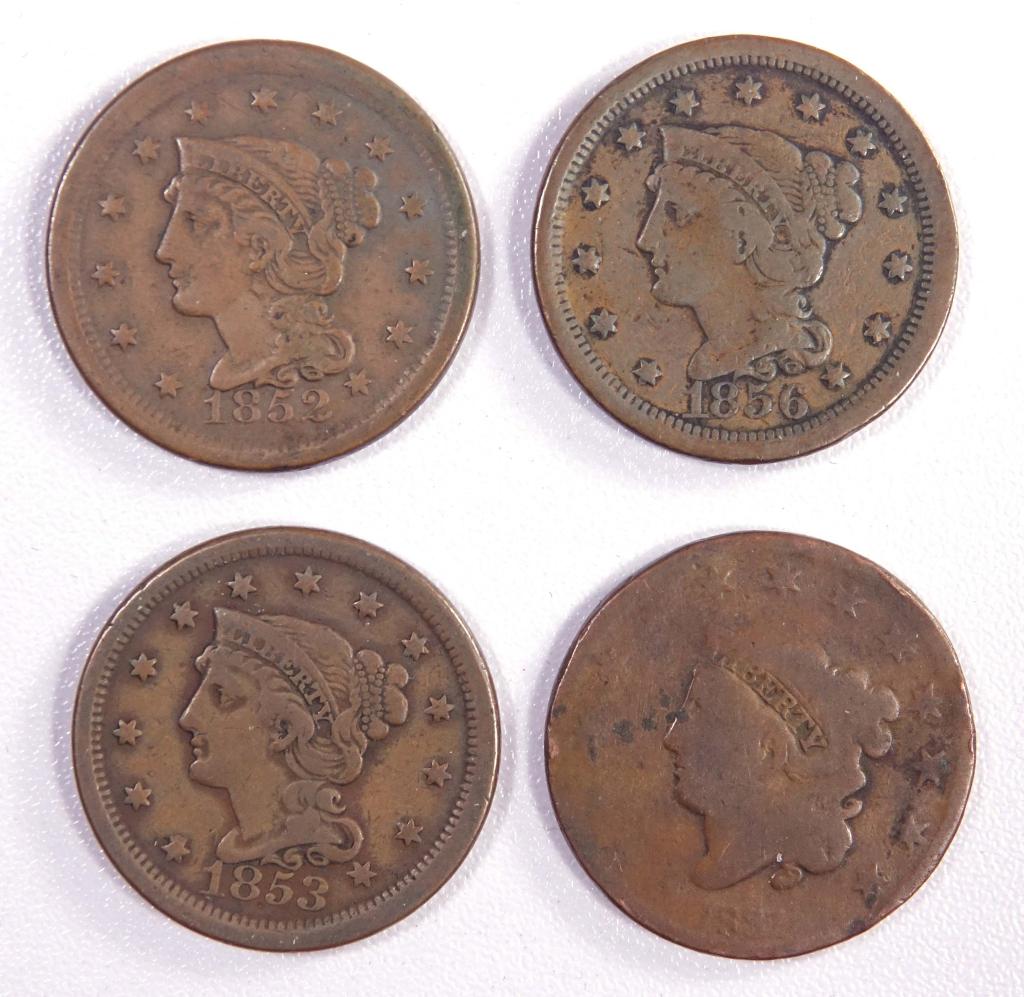 United States Large Cents (4): 4 Large Cents: 1831 Coronet Head (Large Letters) *** 1852 *** 1853 *** 1856 (Upright 5's).