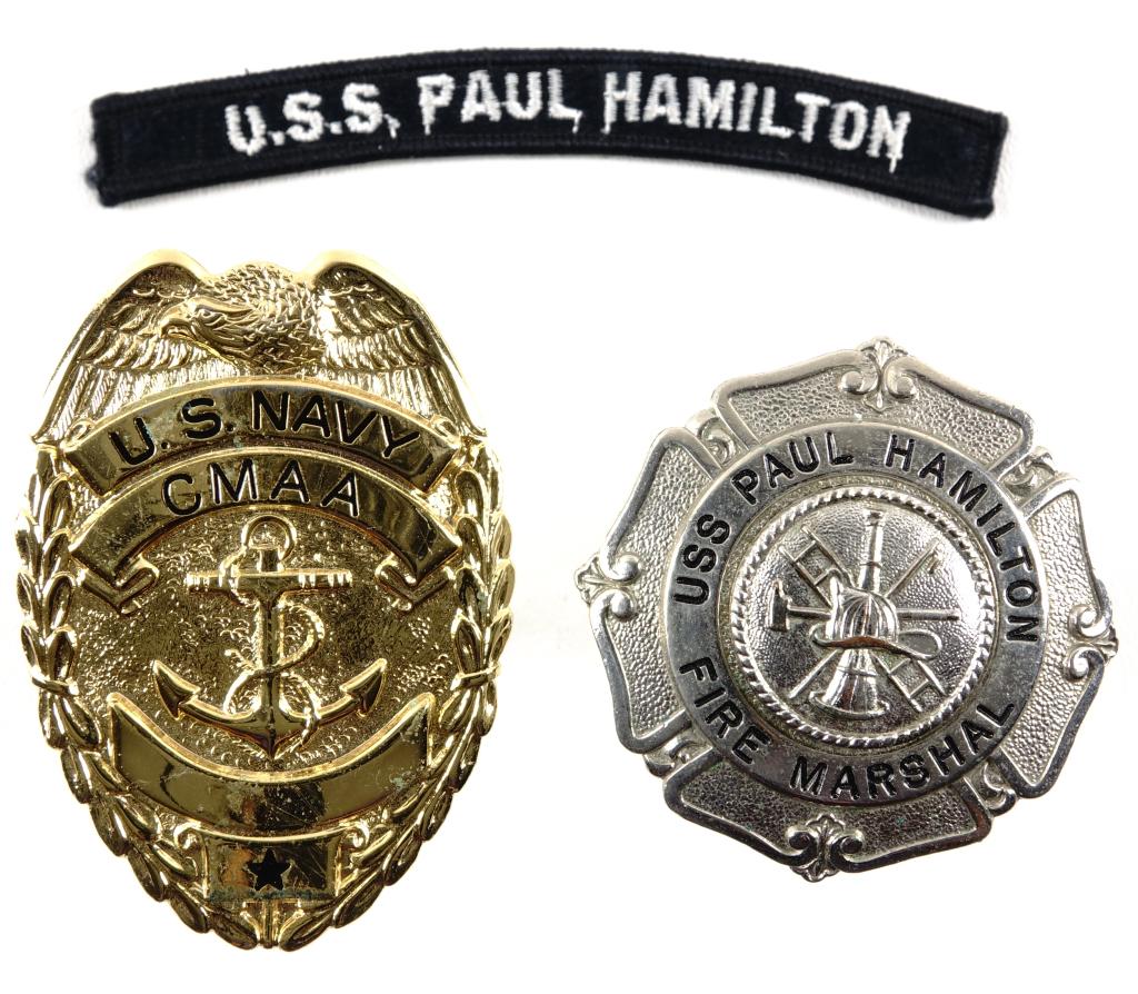 Navy Fire Marshall Badge & CMAA Badge: CMAA badge USS Paul Hamilton (DDG-60), circa 1990s. Marked G-GI. Is an Arleigh Burke-Class destroyer in the United States Navy- currently in service. The ship is named after Paul Hamilton- the 3rd Uni