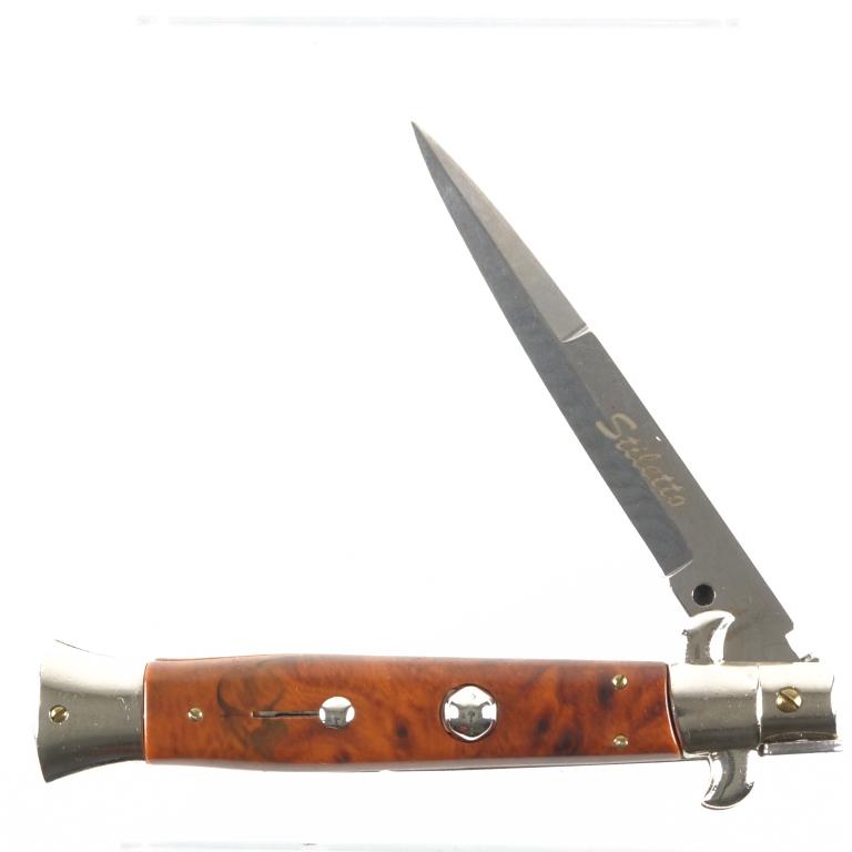 Stiletto Spring Loaded Knife: ***LOCAL PICK-UP ONLY. MUST HAVE VALID ILLINOIS FOID CARD. Please call BEFORE BIDDING if you have any questions. 847-625-0555*** Stainless. Will not close. 3 1/4" blade. It is a violation of Federal L