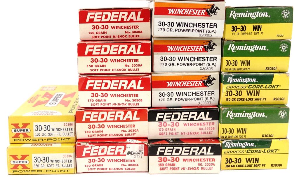 340 30-30 Winchester Shell Casings (for Reloading): 17 boxes, 20 shells per box. Winchester shells in good condition for reloaders. (No powder or bullets included).