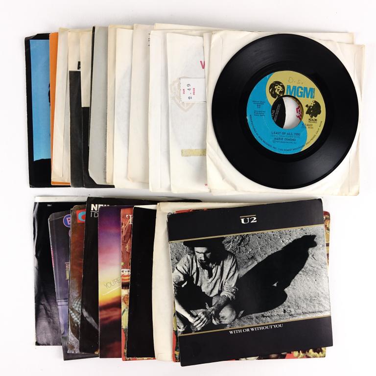 7" Vinyl Records (27): Includes: Ringo Starr, Neil Diamond, Billy Joel, U2, Minni Riperton, David Geddes, Marie Osmond, Leroy Van Dyke, Daddy Dewdrop, Deep Purple and more! Mostly 1970s-80s.