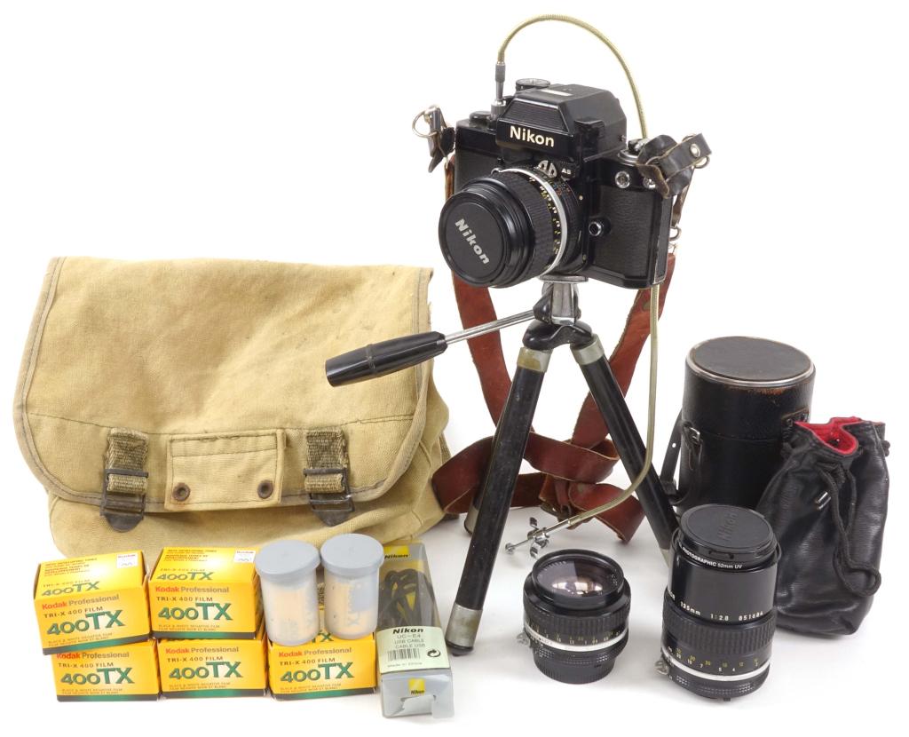 Nikon F2 Camera & 3 Nikon Lenses: Nikon F2 camera (S/N: 79100490). Lenses: 28mm 1:2.8 Nikon; 50mm 1:1.4 Nikkor / Nikon; 135mm 1:2.8 Nikkor / Nikon. 7 rolls of (expired) 400asa Tri-X B&W film. Vintage portable Vivitar tripod.