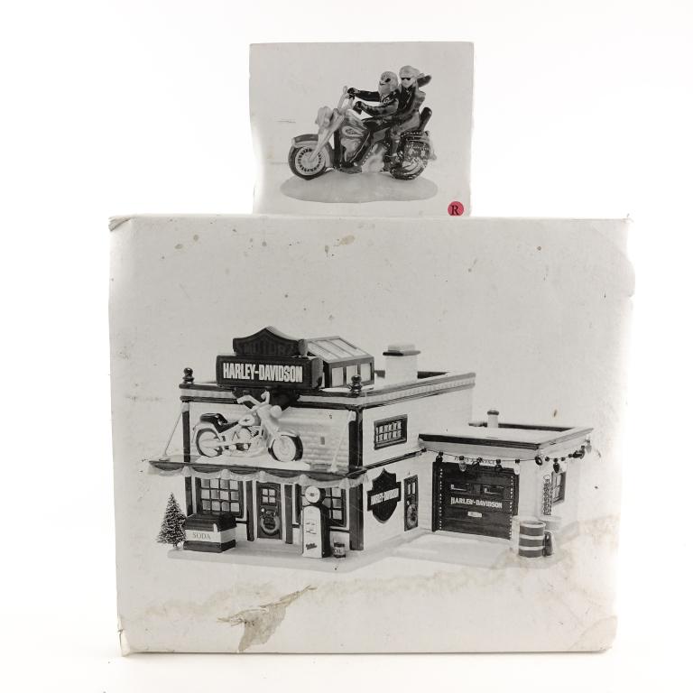 Department 56- Harley Davidson Sets: One motorcycle and one shop set-up. 1998 "Two for the Road" Snow Village, come with box. 1997 Harley Davidson Motorcycle Shop, comes with box.