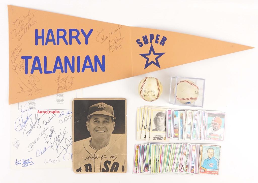 Sports Card & Autograph Lot: 1989 Cubs Care program. 15 sigs total. Greg Maddux, Ron Santo, Billy Williams. Cardboard Pennant signed: Dave Elmendorf, Fred "Hunter" Dyer, Bohstein, Tom Mack. Baseball signed Whitey Ford Baseball si