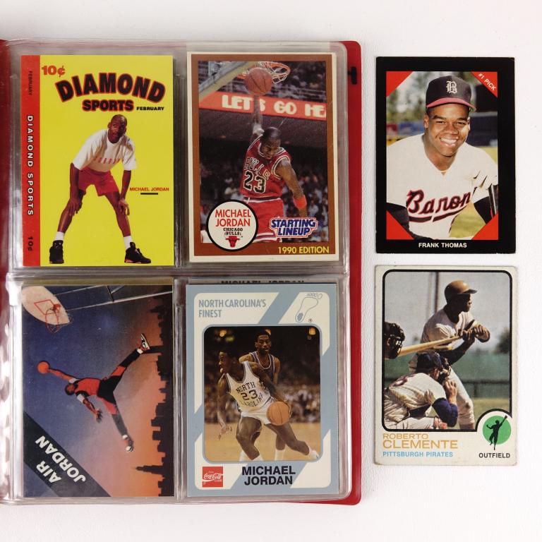 1973 Clemente / Michael Jordan Etal cards: 1973 Topps #50 Roberto Clemente. Clemente has busted corners and very light stains on the bottom front.1990 Best Cards Frank Thomas, Birmingham Barons #318 Bonus #1 Pick Card (very rare card!). Thomas
