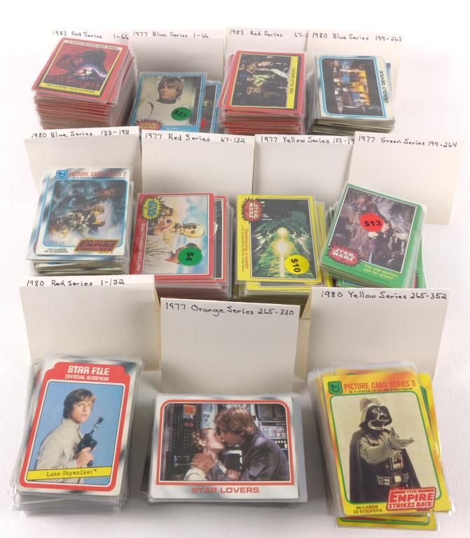 Topps Star Wars Trading Cards: 1977 Star Wars Cards (330 +/- in total). 1980 Star Wars Cards (352 +/- in total). 1983 Star Wars Cards (131 +/- in total). 1977 Blue series 1977 Red series 1977 Yellow series 1977 Green series 1977 Or