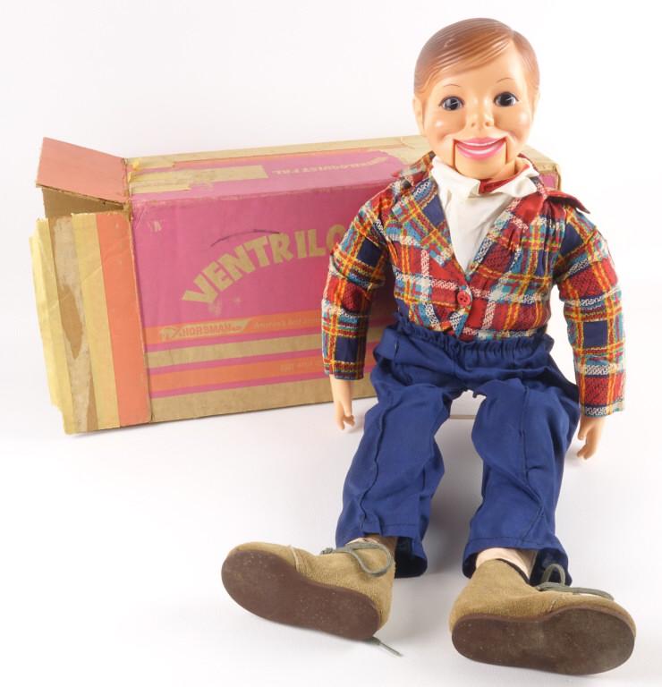 Horsman Ventriloquist Dummy: With box. Early 1970s. 23.5" tall. Mouth opens, does not snap back shut. Has some masking tape over parts. Some wear on hair.