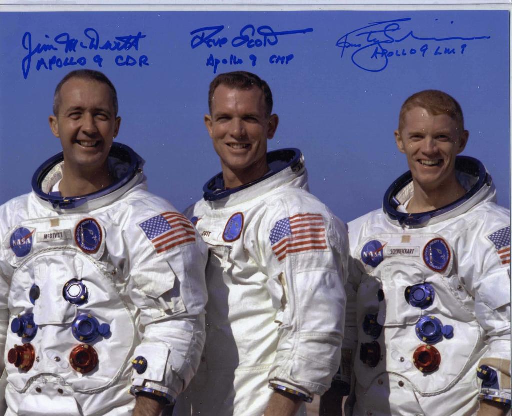 Apollo 9 Crew Signed Photo: Includes: Jim McDivitt, David Scott, Rusty Schweickart. 8" x 10" color.