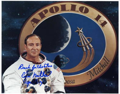 Edgar Mitchell Signed Photo: R&R Auctions COA. 8" x 10" color. Flew on Apollo 14. ***Lot 14 guarantees the authenticity of these autograph(s). Please see Terms and Conditions. ***