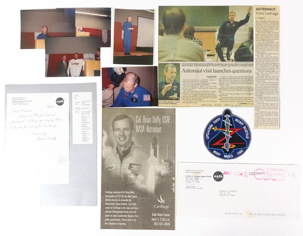 Astronaut Brian Duffy Lot: Handwritten and signed letter from astronaut Brian Duffy (dated 4/11/2000) on Johnson Space Center stationery and envelope. The letter notes that it includes a patch, and this lot includes an STS-92 m