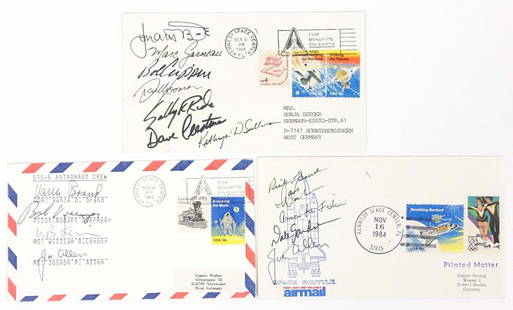 STS-5, STS-41G, STS-51 Crew Signed Covers: STS-5: 1st "operational" flight, 1st satellite deployment. Vance Brand, Robert Overmyer, Joseph Allen, William Lenoir. STS-41G (first space crew with two women): Jon McBride, Marc Garneau (first Canad