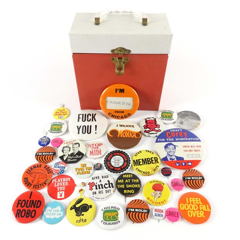 Pinback and Other Buttons (33): Pinback and other buttons lot includes, 1975 Star Trek Convention (1st whole cast reunion), I wanna Wonka, AMC Gremlin. Mostly 1970's/ early 1980's.