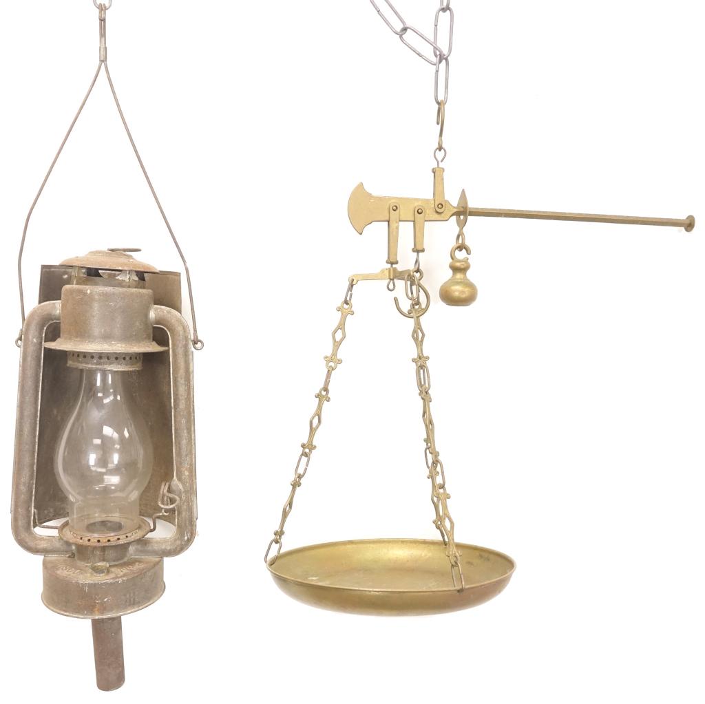 Prisco Hanging Lamp #2 & Single Pan Scale: Single pan hanging scale - brass.