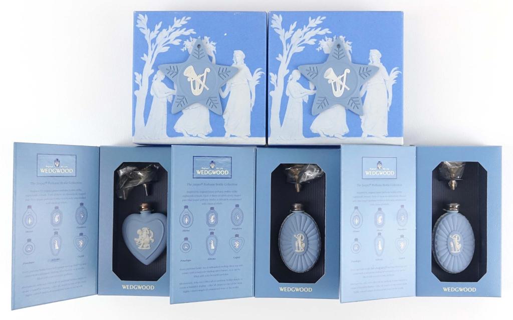 Wedgwood Ornament + Perfume (5): - 3 pieces Wedgwood perfumes + 2 Wedgwood ornaments. - 3 pieces of perfume from The Jasper Collection (1994). - 2 star ornaments (1 including tassel & 1 missing tassel).