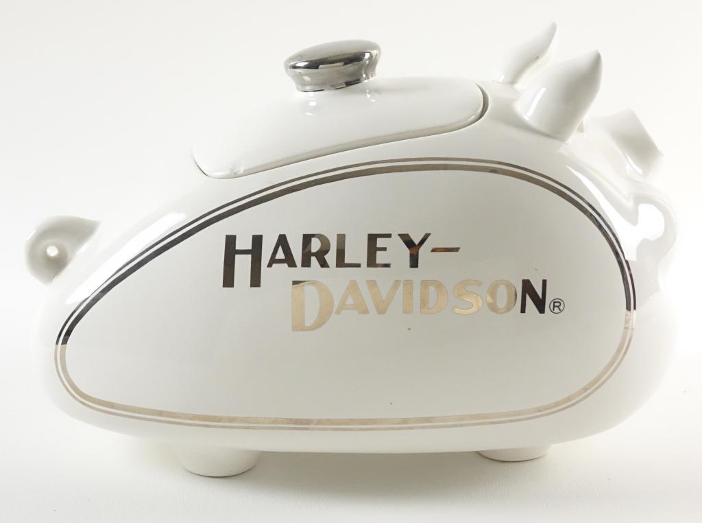 Harley Davidson Hog Cookie Jar: 13" x 8" x 8.5" tall. Small chip on lid.