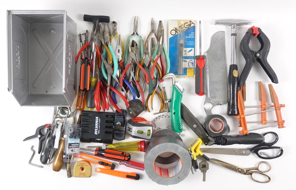 Box of Tools: Box of Tools. Includes: duct tape, screwdrivers, box cutters, wire cutters, clay tools, clamps, etc.
