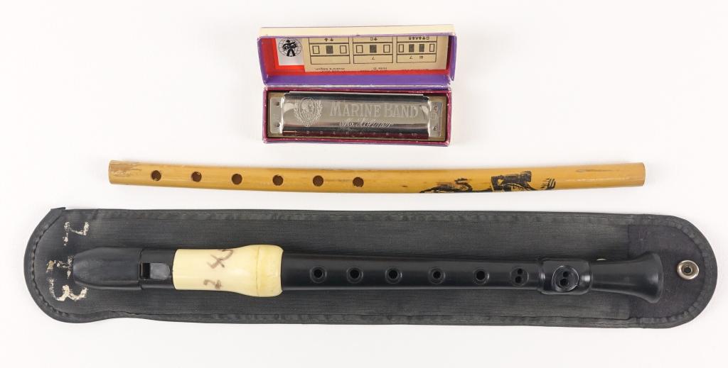 Recorder (2) and Harmonica Music Lot: Recorder (2) and Harmonica Music Lot. Cambridge recorder in case w/ "243" written in black. Wooden Flute (Taiwan?). Marine Band M. Hohner no.1896 Harmonica. Made in Germany. Start your own band. Like 