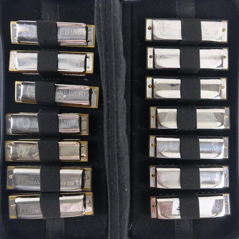 Hohner Harmonicas (14): - Hohner Harmonicas. - 14 pieces. - Includes a case. (John Popper not included, anymore)