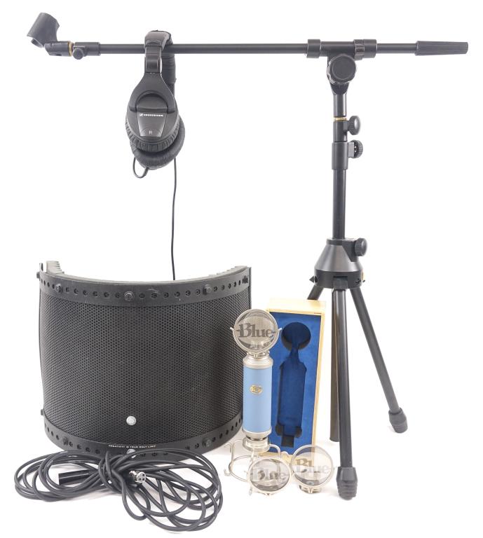 Full-Set Blue Bird Microphone Lot: Full-set Blue Bird Mic Lot. Includes Recording equipment - Reflection Filter, Blue Bird mic in box, mic stand, headphones, and microphone cable.