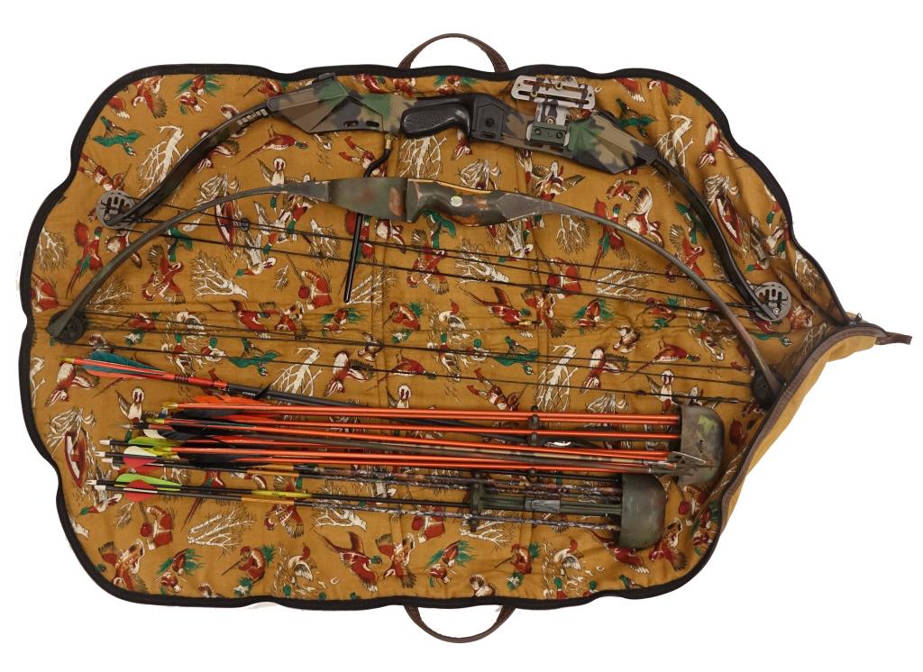 2 Compound Bows and Arrows: Precision Edge 1000c and the other is painted wood. 17 arrows and includes a case.