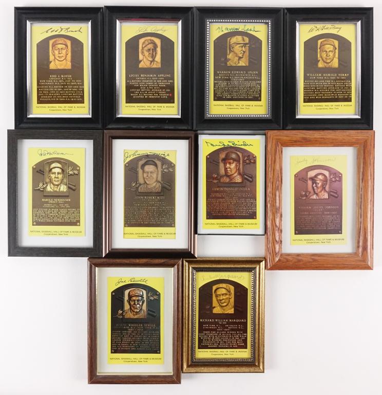 Signed Baseball HOF Postcards: In frames. Duke Snider, Bill Terry, Warren Spahn, Luke Appling, Rube Marquard, Edd Roush, Joe Sewell, Hal Newhouser, Judy Johnson, Johnny Mize.
