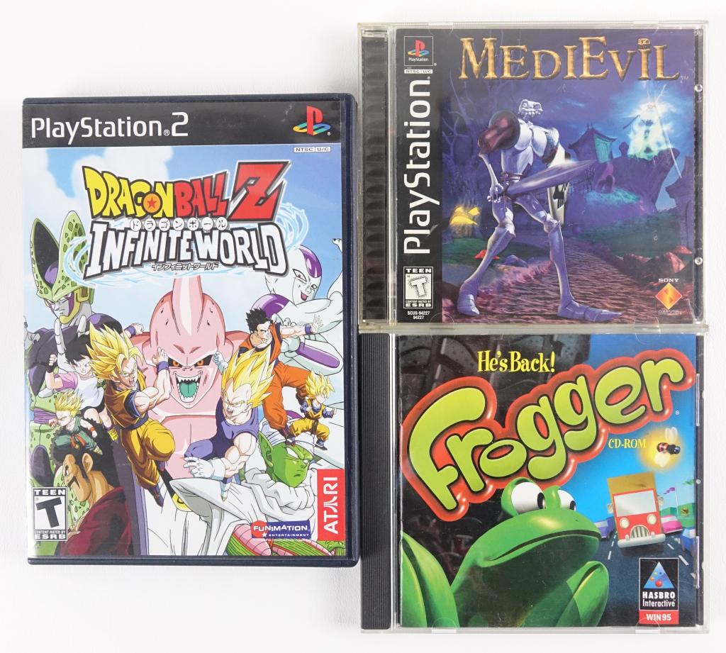 Rare Playstation & PC Games (3): Playstation 2 Dragonball Z Infinite World, Playstation Medievil and Windows 95 Frogger. All three with manuals.