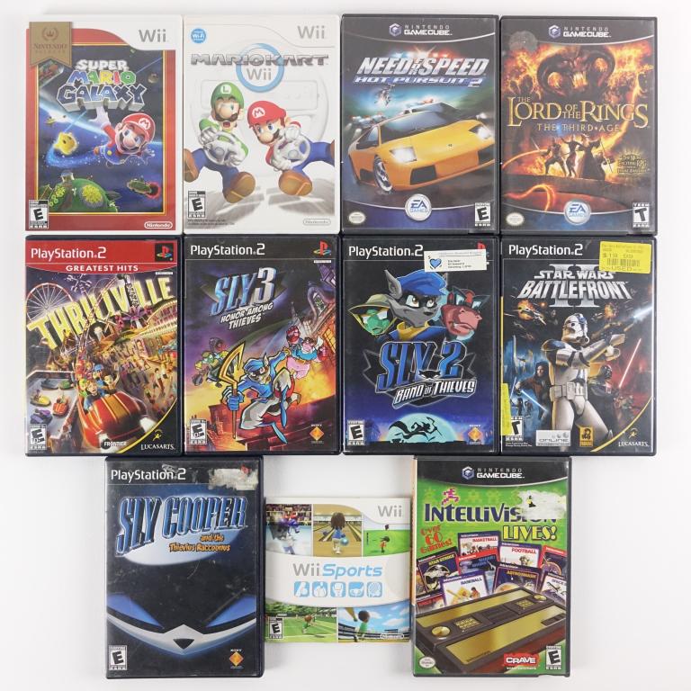 Video Game Assortment (10): Wii Super Mario Galaxy. Wii Mario Cart. Nintendo Game Cube Need For Speed Hot Pursuit 2. Nintendo Game Cube Lord of the Rings The Third Age. Nintendo Game Cube Intellvision Lives! Playstation 2 Thrill