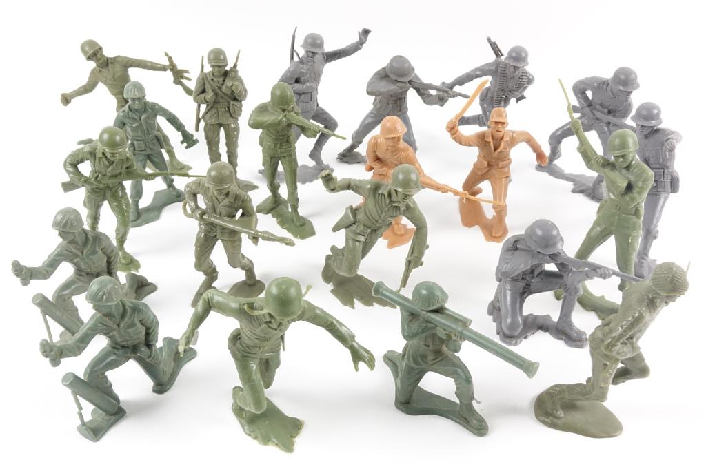 Marx Plastic Soldiers (21): Some soldiers are dated 1963. App 5" tall. Japan (2). Germany (6). USA (13).