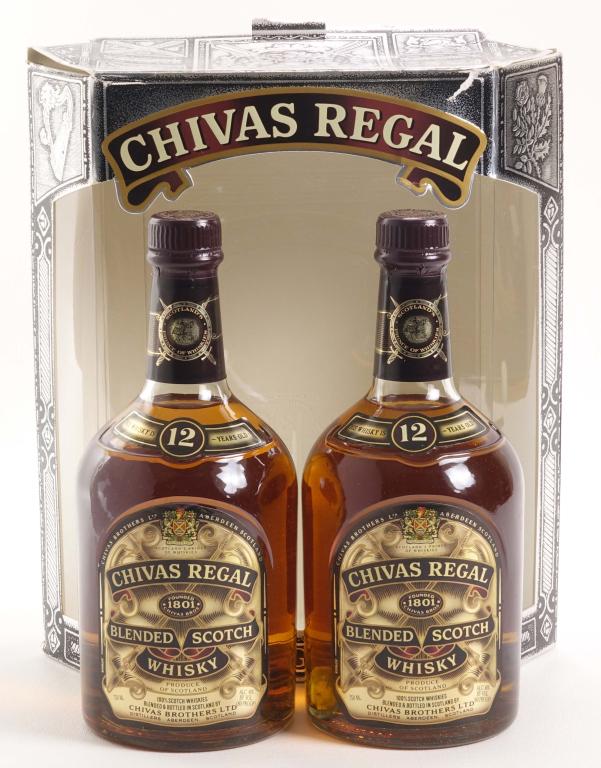 Chivas Regal Blended Scotch Whisky (2): ** IF YOU MAY NEED SHIPPING PLEASE CALL US BEFORE BIDDING ON BOTTLES. 847-625-0555. ** 80 proof, 750ml and sealed. Gift set. Box is torn.