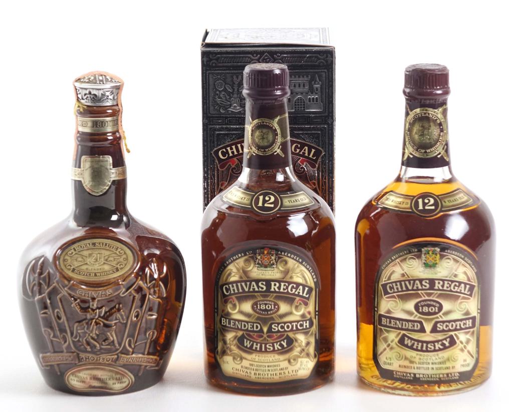 3 Chivas Regal Scotch Whisky Bottles: ** IF YOU MAY NEED SHIPPING, PLEASE CALL US BEFORE BIDDING ON BOTTLES. 847-625-0555. ** Chivas Regal Blended Scotch 12 yr: 86 proof, 4/5 qt and sealed. Chivas Regal Blended Scotch 12 yr: 80 proof, 750