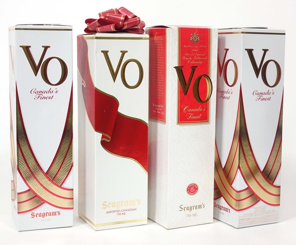4 Seagram's VO Whisky: ** IF YOU MAY NEED SHIPPING, PLEASE CALL US BEFORE BIDDING ON BOTTLES. 847-625-0555. ** 80 proof, 750ml and sealed. In box.