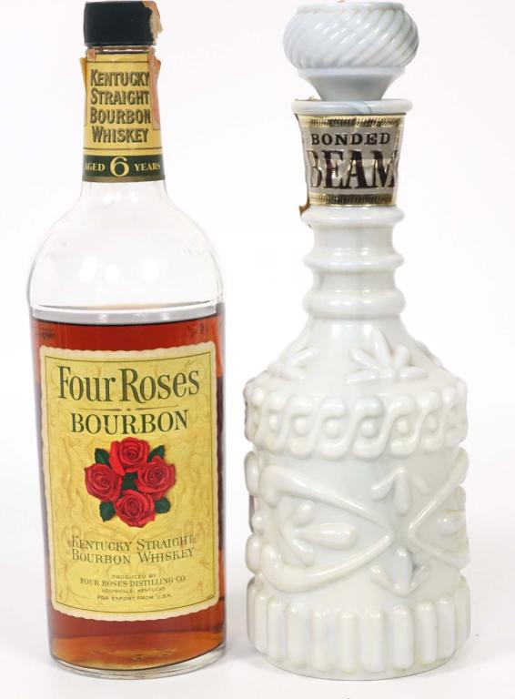 Four Roses and Jim Beam Bourbon Bottles (2)*: ** IF YOU MAY NEED SHIPPING, PLEASE CALL US BEFORE BIDDING ON BOTTLES. 847-625-0555. ** Four Roses Bourbon-6 yr.: 86 proof, 1 qt and **NOT SEALED** 3/4 full. 1962/1974 Jim Beam: 100 proof, 4/5 qt and