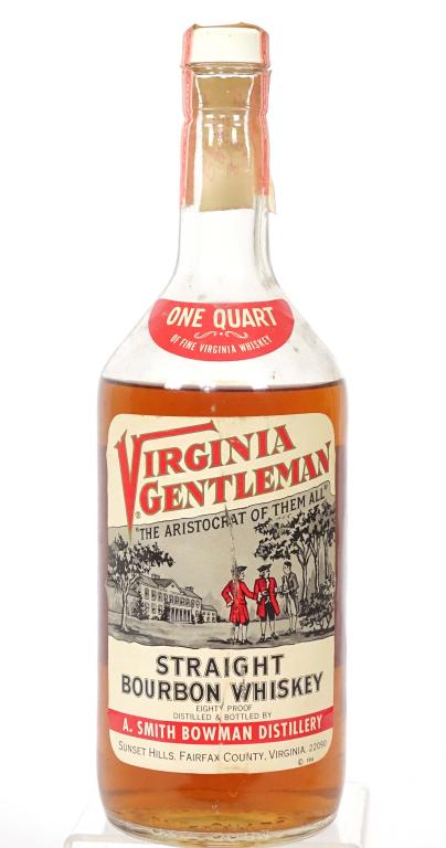 1976 Virginia Gentleman Bourbon*: ** IF YOU MAY NEED SHIPPING, YOU MUST SPEAK WITH IAN BEFORE BIDDING ON BOTTLES. 847-625-0555. ** 1976 Virginia Gentleman Bourbon- 4 yrs. old: 80 proof, 1qt and **SEAL IS BROKEN**. Shoulder full. Came 